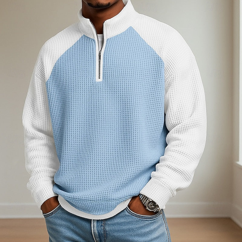 Sweater heren met korte rits, opstaande kraag en wafelstructuur 1