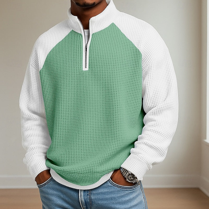 Sweater heren met korte rits, opstaande kraag en wafelstructuur 2
