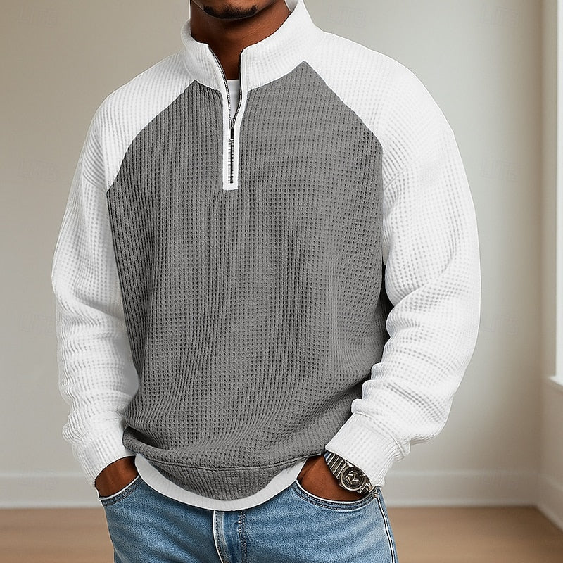 Sweater heren met korte rits, opstaande kraag en wafelstructuur 6