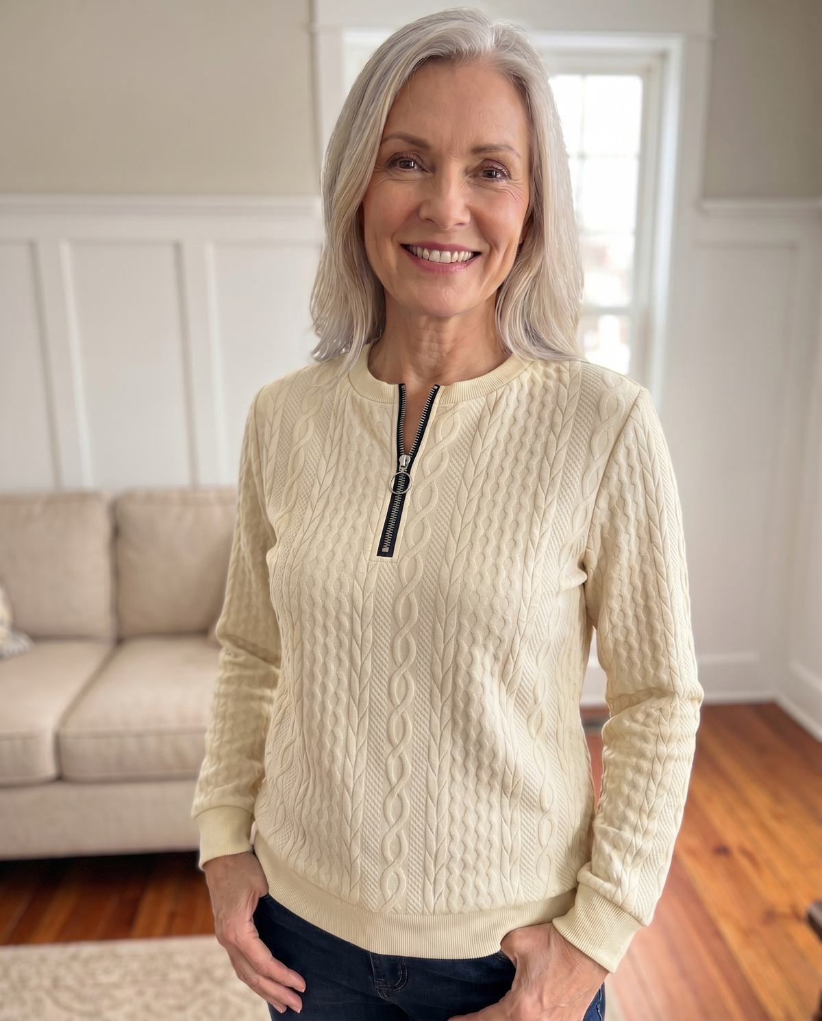 Zip sweater dames met kabelstructuur en opstaande kraag