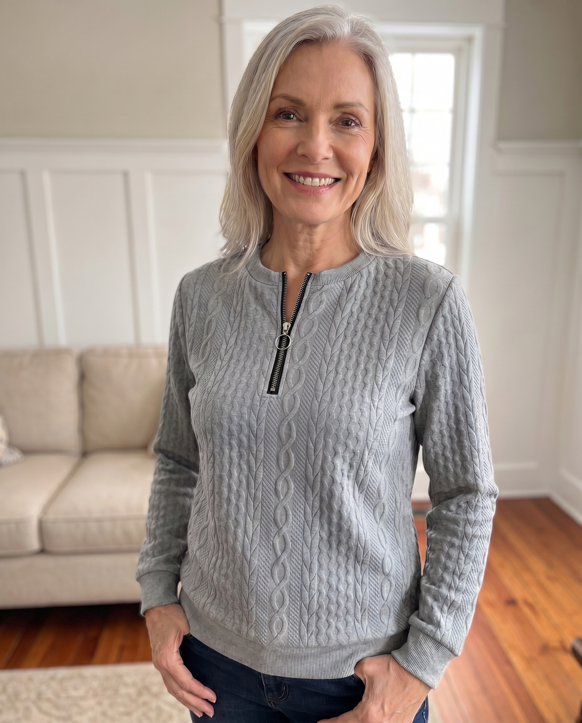 Zip sweater dames met kabelstructuur en opstaande kraag