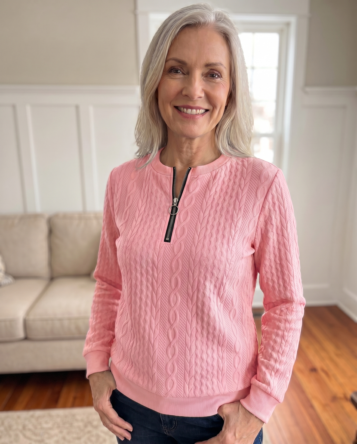 Zip sweater dames met kabelstructuur en opstaande kraag