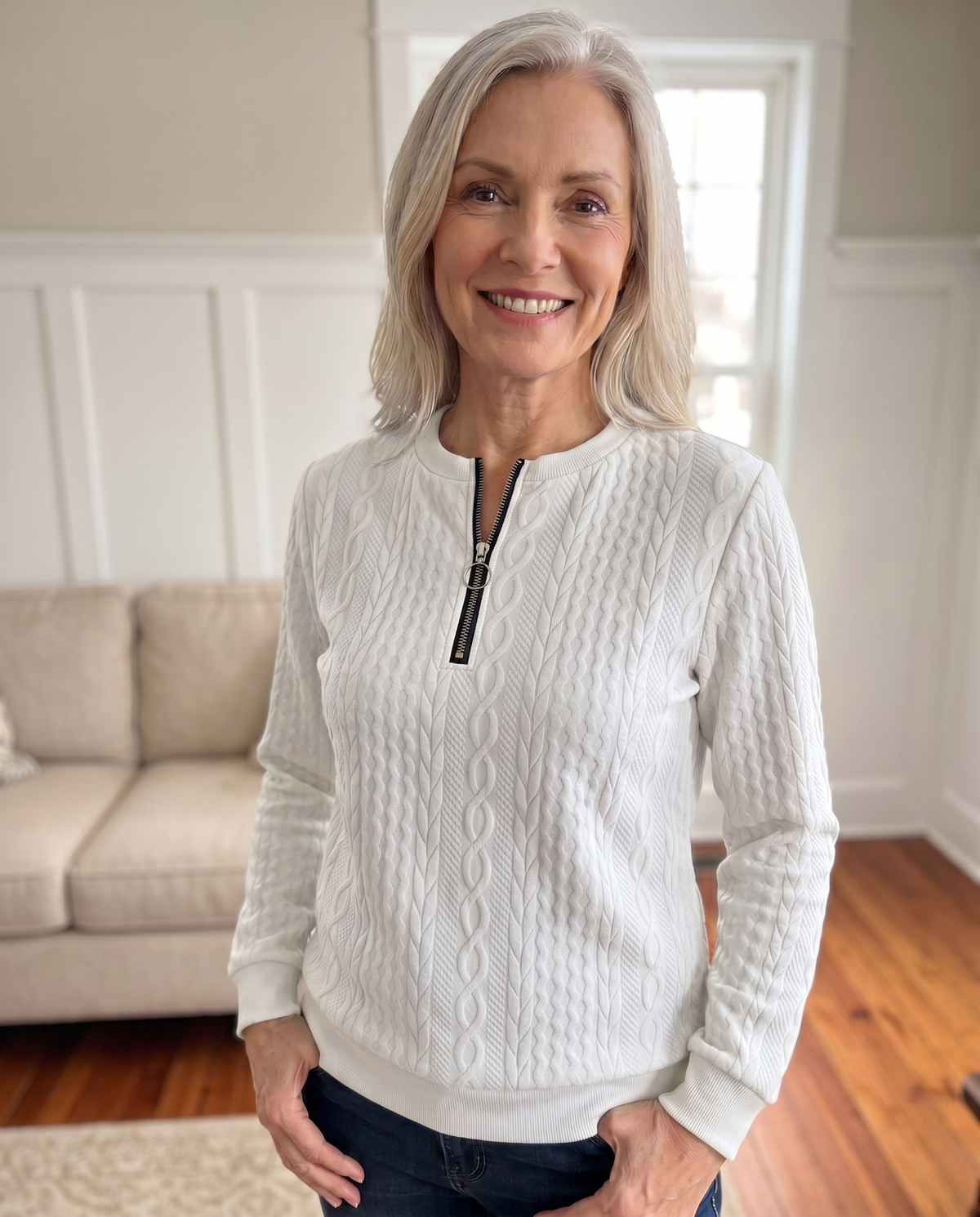 Zip sweater dames met kabelstructuur en opstaande kraag