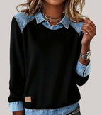 Trui dames met denim contrastkraag, ronde hals en lange mouwen 1