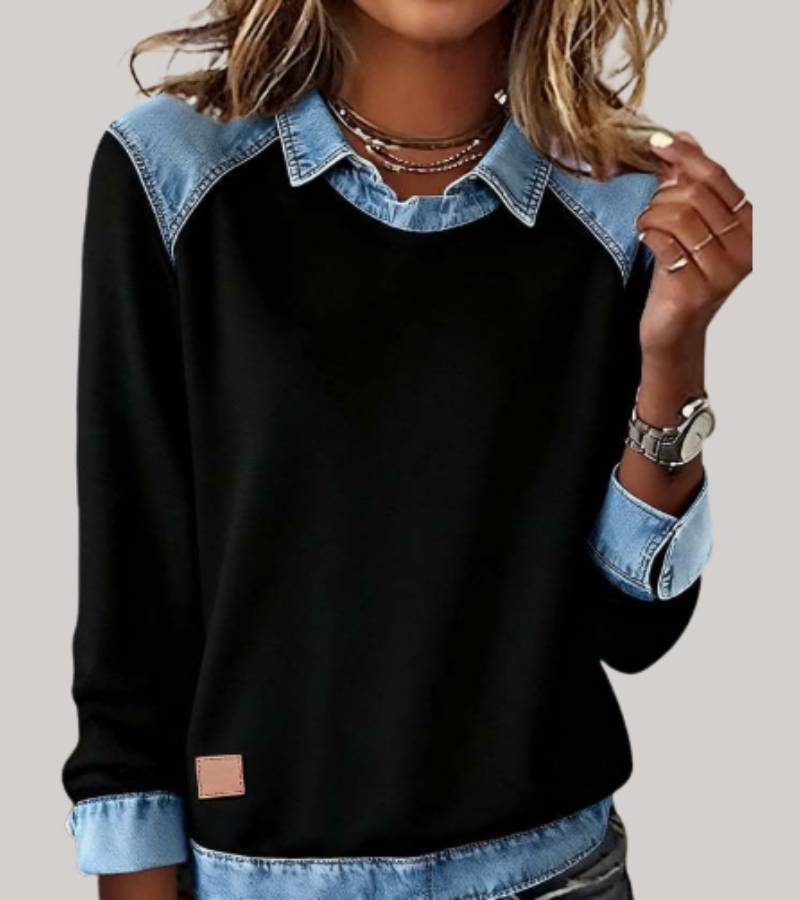 Trui dames met denim contrastkraag, ronde hals en lange mouwen 1