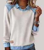 Trui dames met denim contrastkraag, ronde hals en lange mouwen 2