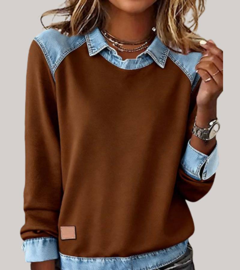 Trui dames met denim contrastkraag, ronde hals en lange mouwen 3