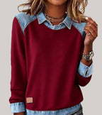 Trui dames met denim contrastkraag, ronde hals en lange mouwen 4