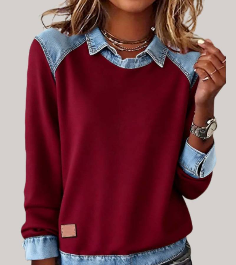 Trui dames met denim contrastkraag, ronde hals en lange mouwen 4