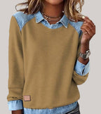 Trui dames met denim contrastkraag, ronde hals en lange mouwen 5