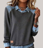Trui dames met denim contrastkraag, ronde hals en lange mouwen 6