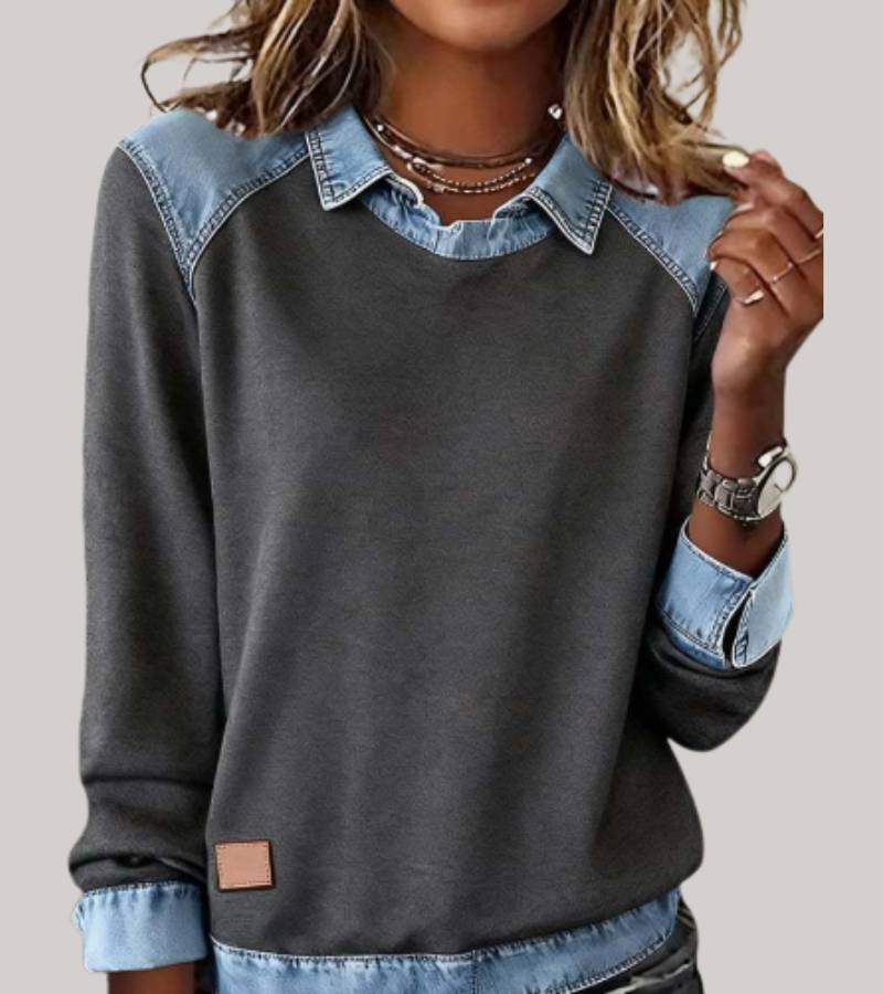 Trui dames met denim contrastkraag, ronde hals en lange mouwen 6
