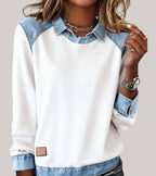 Trui dames met denim contrastkraag, ronde hals en lange mouwen 7