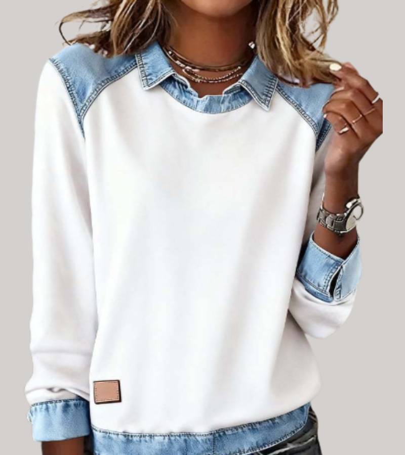 Trui dames met denim contrastkraag, ronde hals en lange mouwen 7