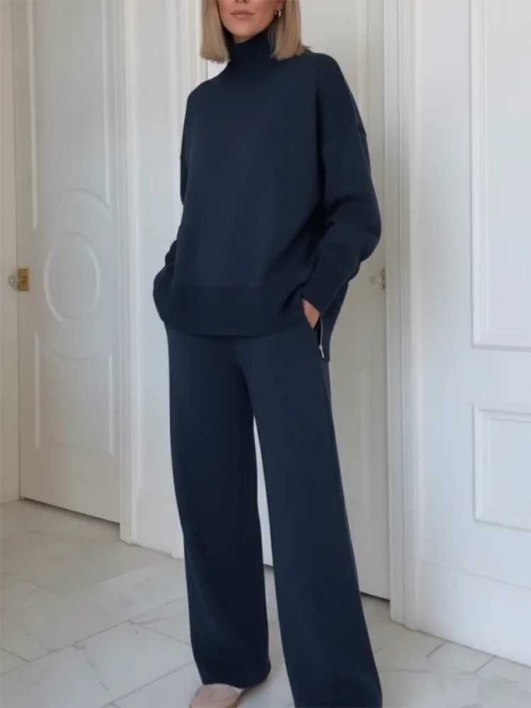 Tweedelige set dames met hoge col, rits en rechte broek met zakken 1