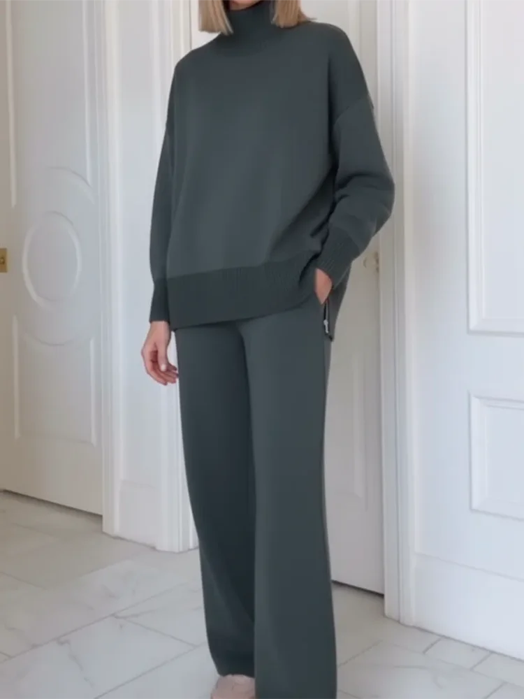 Tweedelige set dames met hoge col, rits en rechte broek met zakken 2