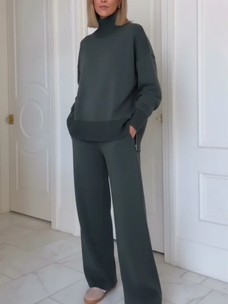 Tweedelige set dames met hoge col, rits en rechte broek met zakken 4
