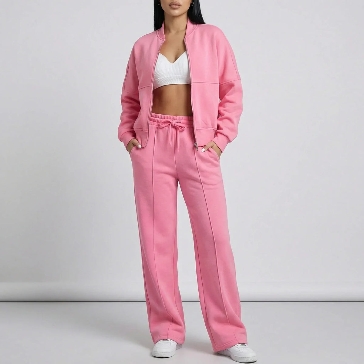 Tweedelige set dames met ritsjack en wijde broek 9