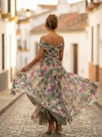 Sidonie - Lange zomerjurk met V-hals en rimpeleffect dames