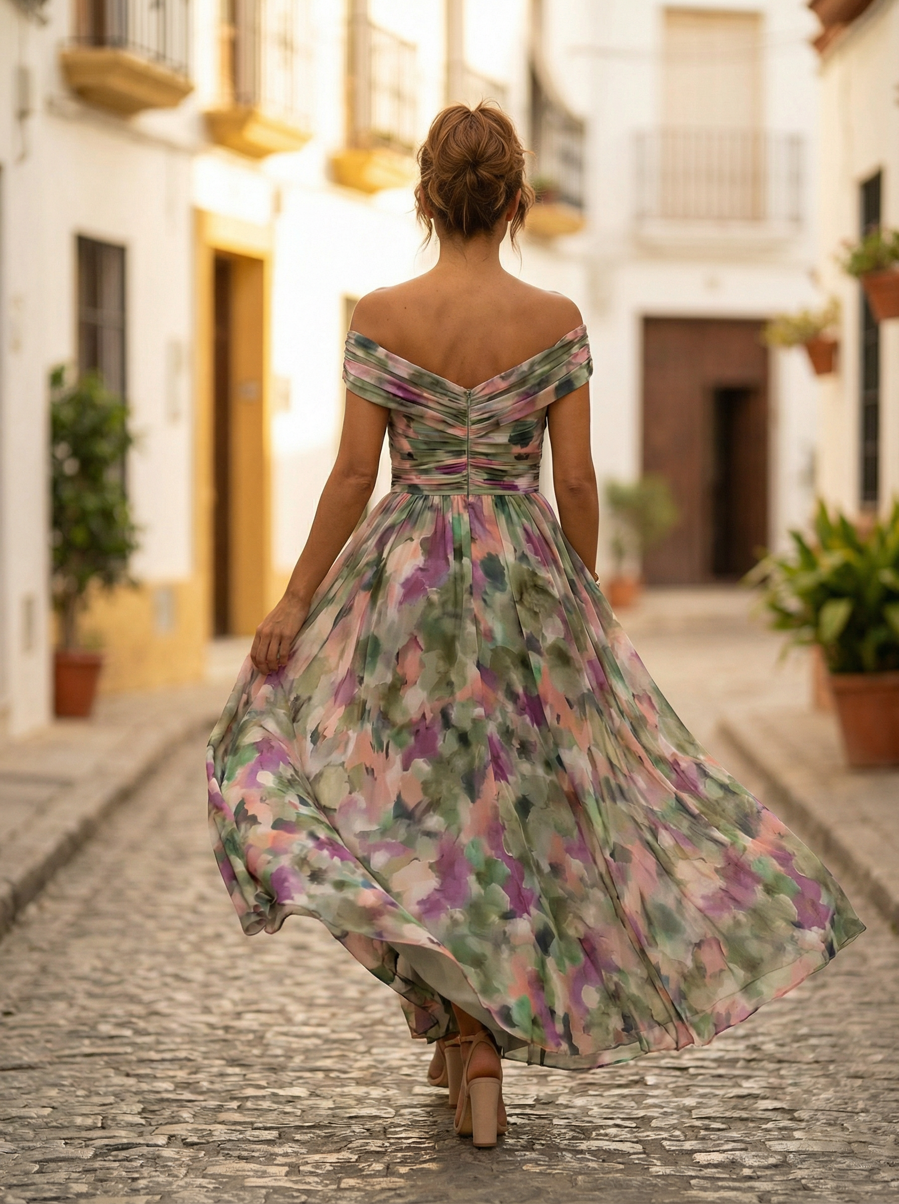 Sidonie - Lange zomerjurk met V-hals en rimpeleffect dames