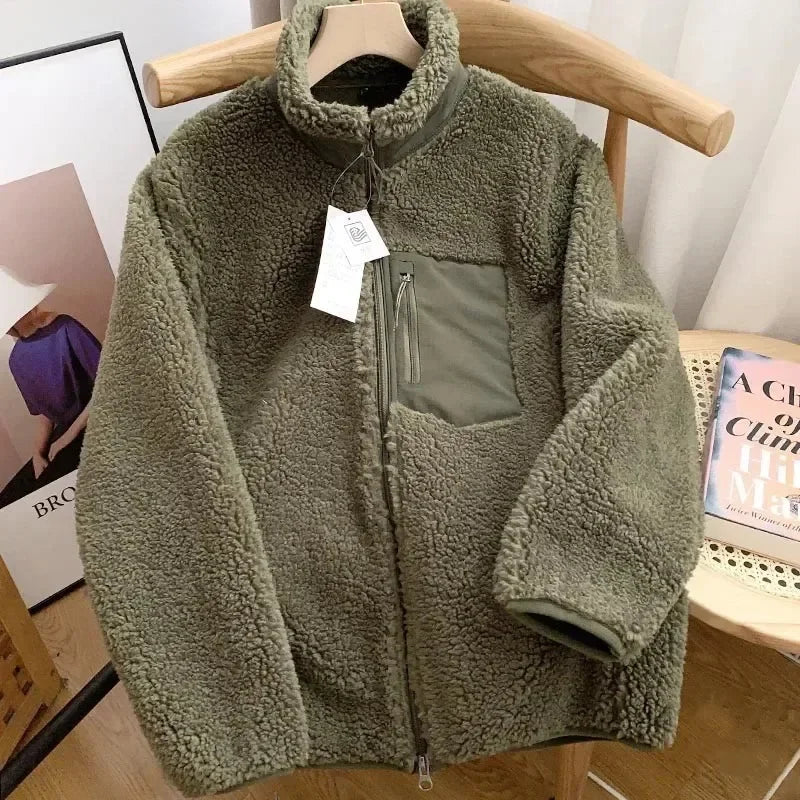 Warme teddyjas dames met hoge kraag en ritszak 3