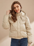 Winterjas dames kort gewatteerd van imitatieleer met capuchon 1