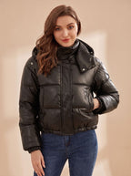 Winterjas dames kort gewatteerd van imitatieleer met capuchon 2