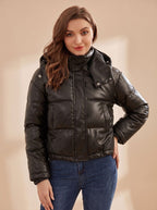 Winterjas dames kort gewatteerd van imitatieleer met capuchon 6