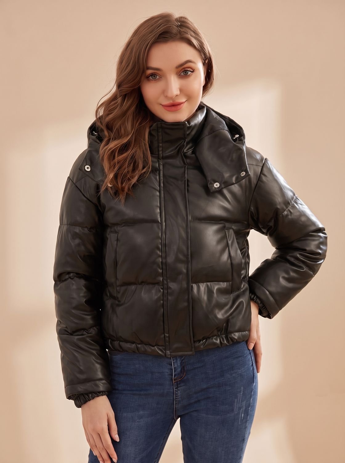 Winterjas dames kort gewatteerd van imitatieleer met capuchon 6