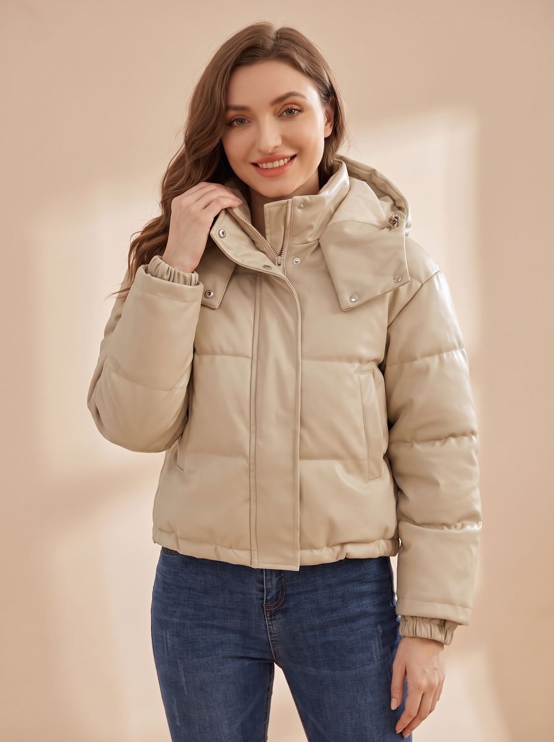 Winterjas dames kort gewatteerd van imitatieleer met capuchon 8