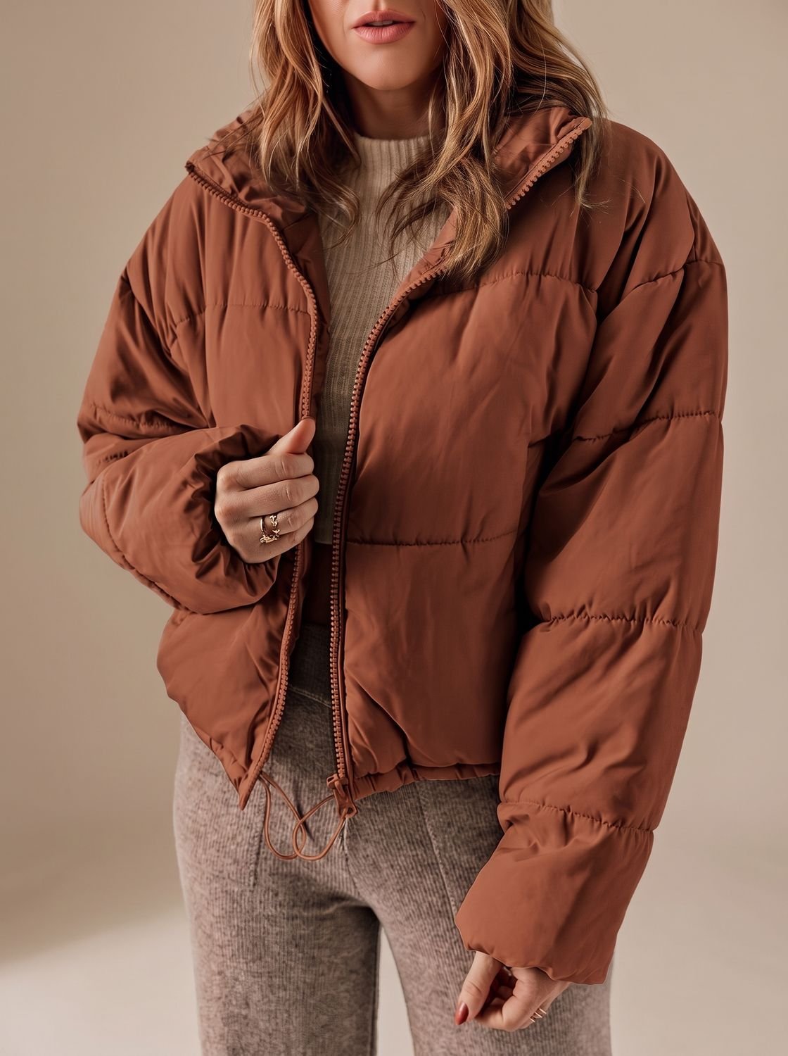 Winterjas dames kort oversized gewatteerd met rits 3
