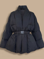 Winterjas dames oversized gewatteerd met ceintuur en opstaande kraag 1