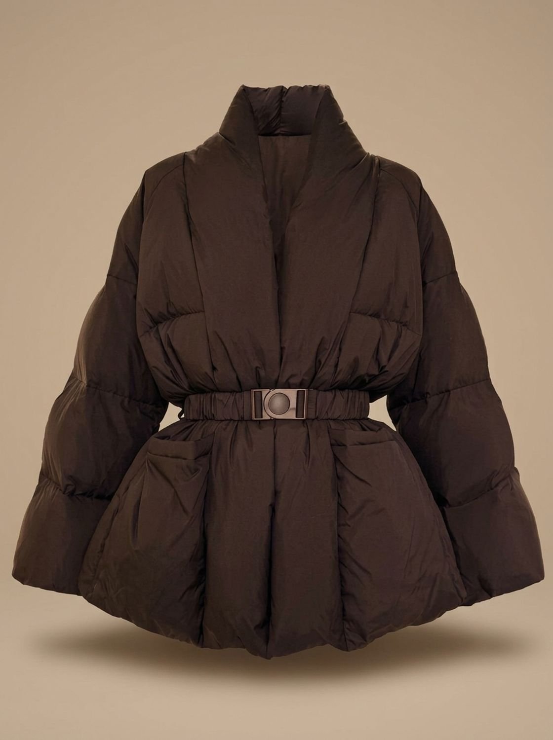 Winterjas dames oversized gewatteerd met ceintuur en opstaande kraag 2