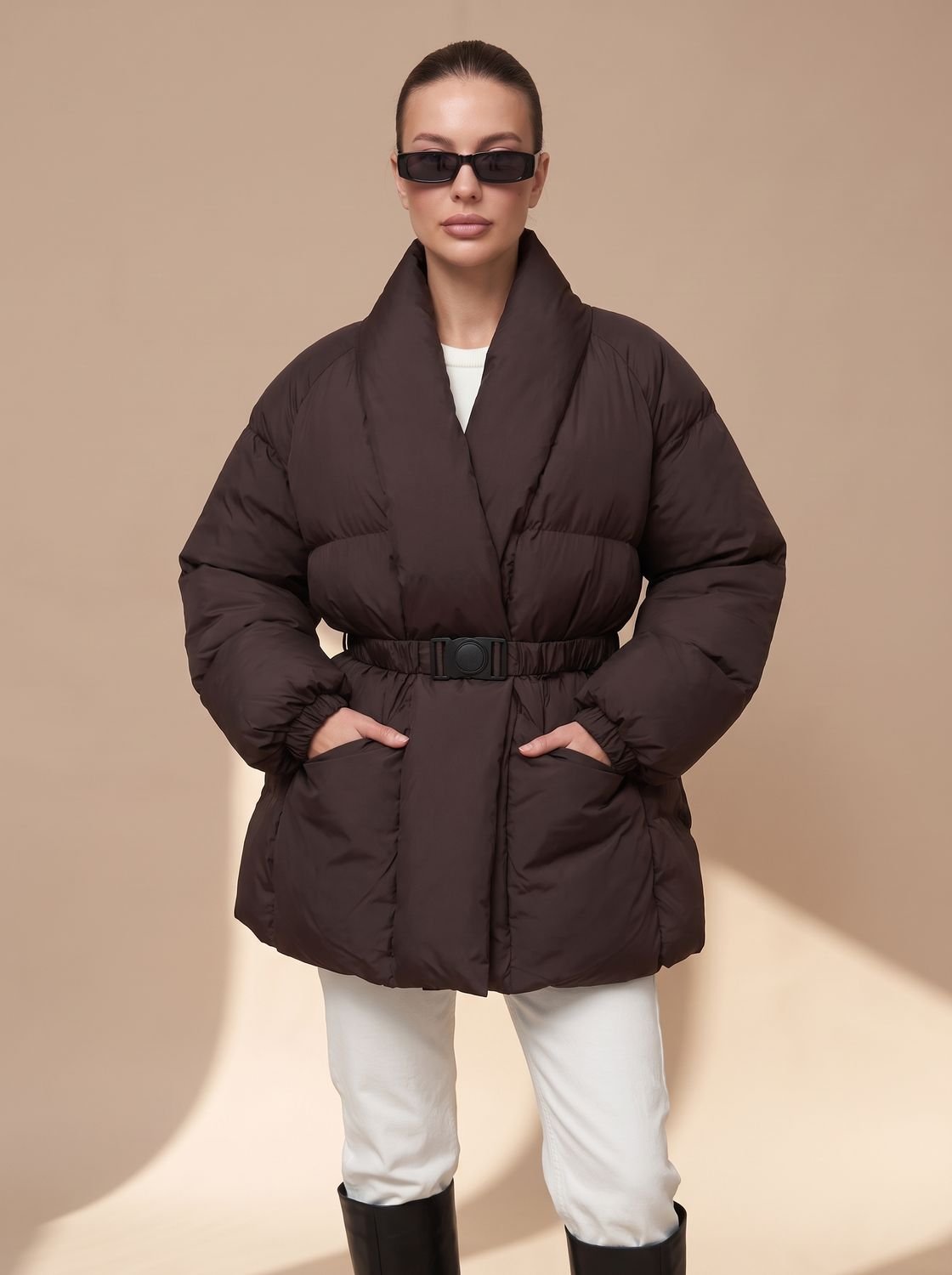 Winterjas dames oversized gewatteerd met ceintuur en opstaande kraag 6