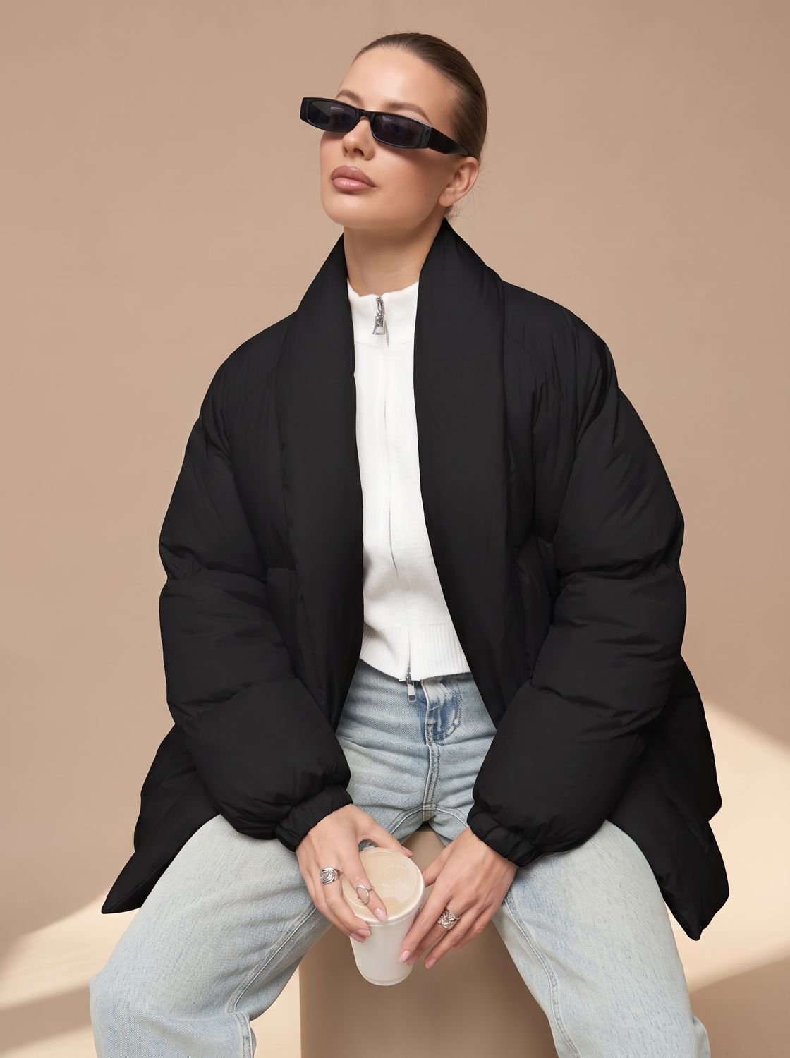 Winterjas dames oversized gewatteerd met ceintuur en opstaande kraag 8