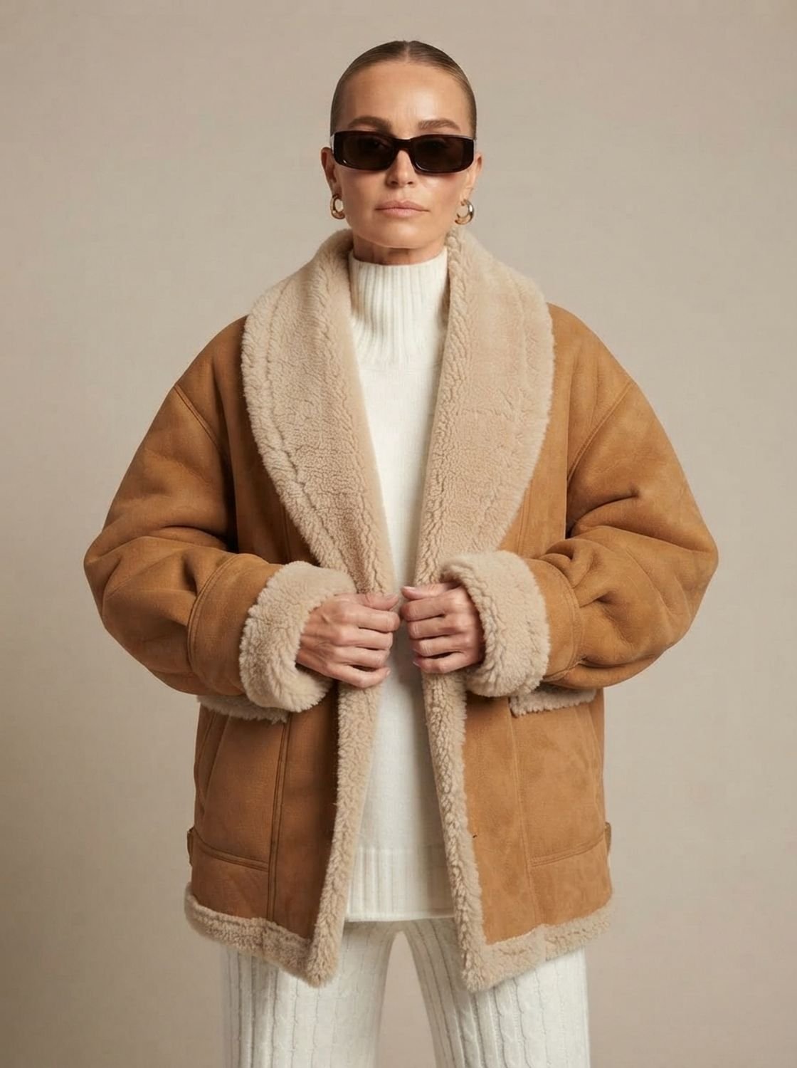 Winterjas dames oversized teddy met imitatiebont-kraag 1