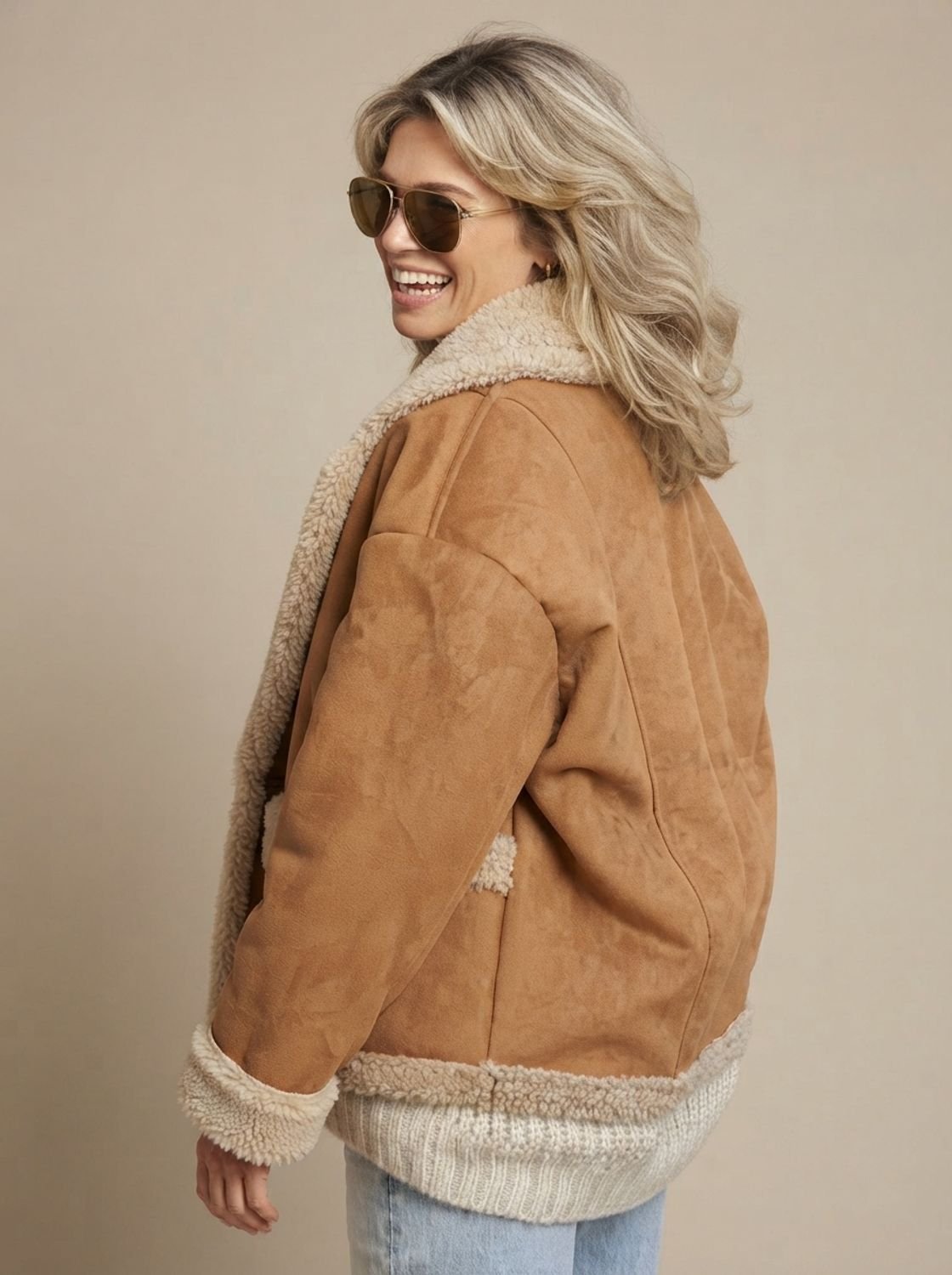 Winterjas dames oversized teddy met imitatiebont-kraag 4