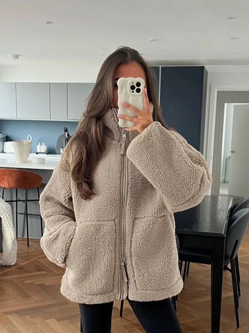 Winterjas dames oversized teddy met rits en opstaande kraag 1