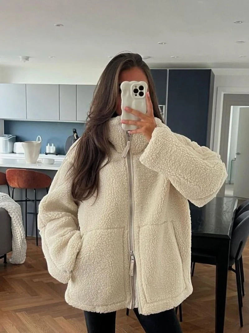 Winterjas dames oversized teddy met rits en opstaande kraag 2