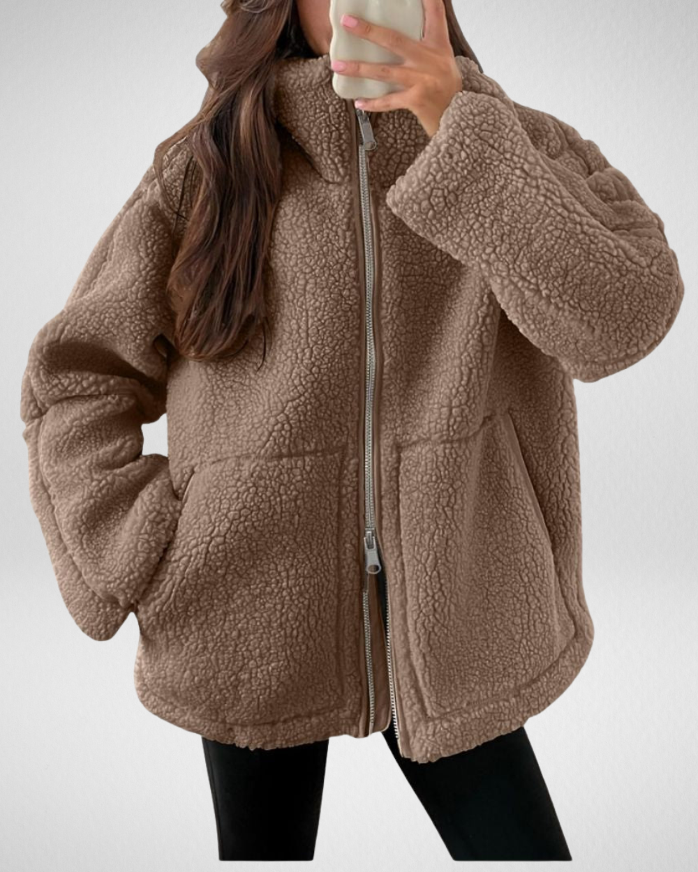 Winterjas dames van teddyfleece met rits en kraag 1