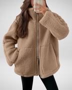 Winterjas dames van teddyfleece met rits en kraag 2