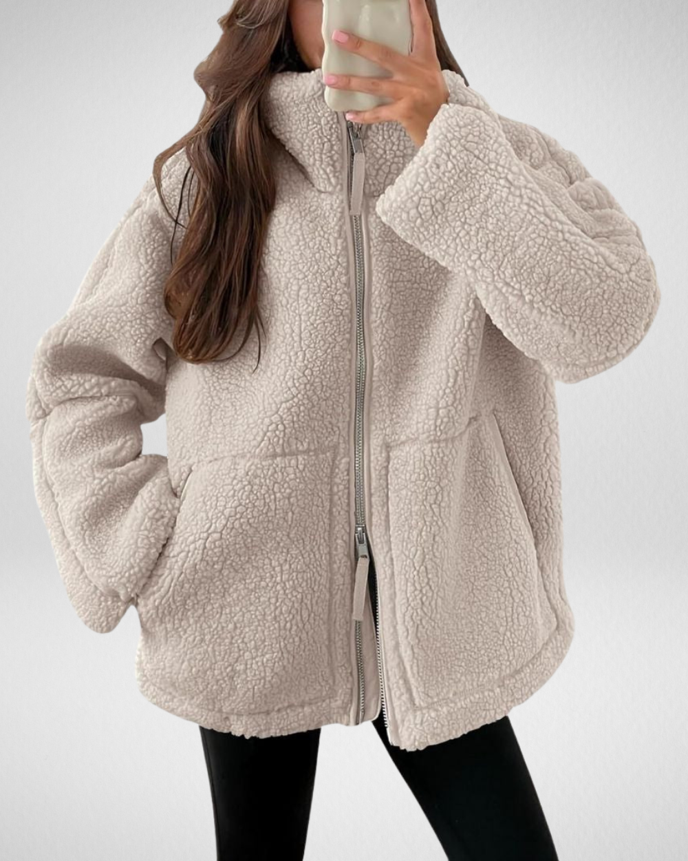 Winterjas dames van teddyfleece met rits en kraag 3