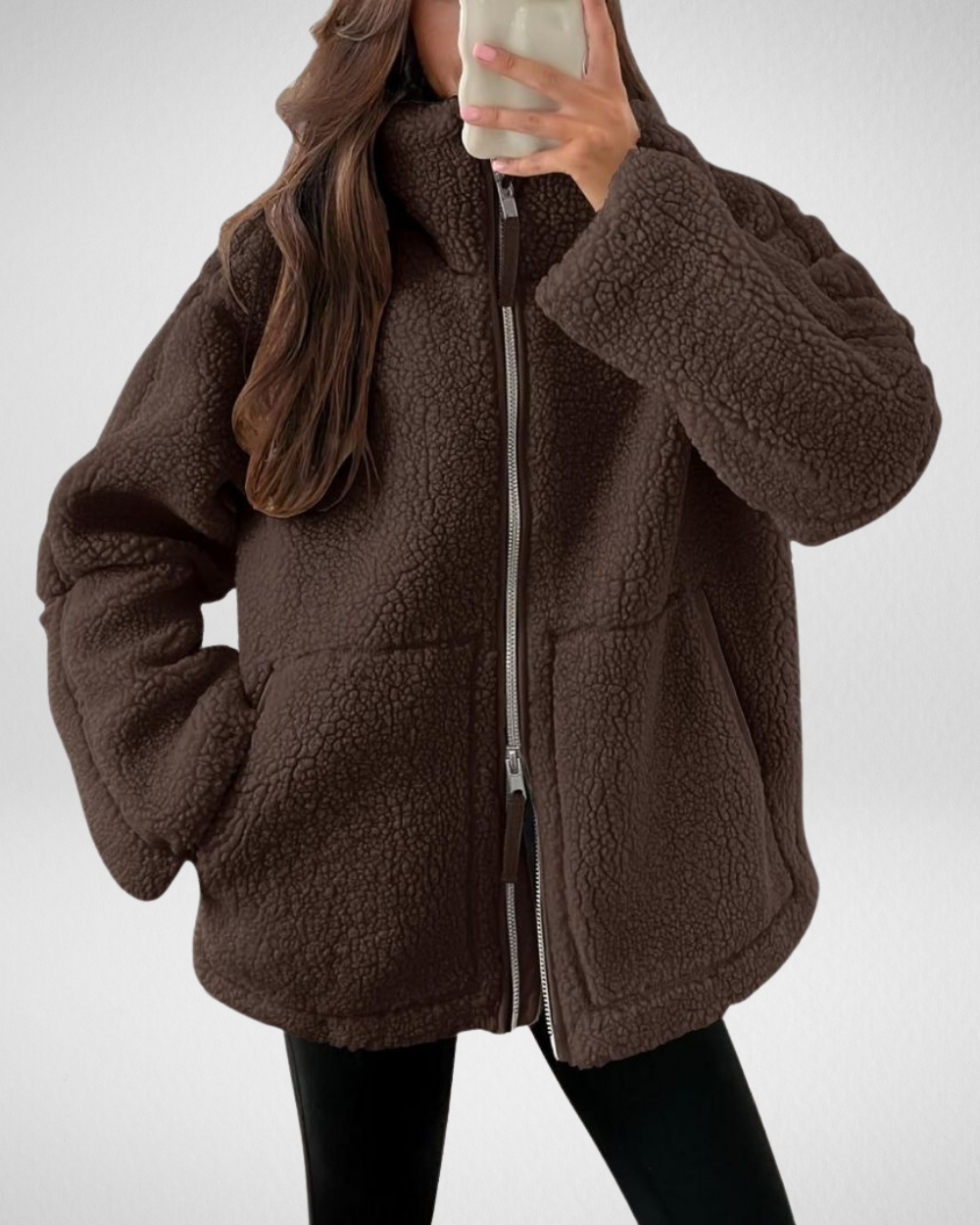 Winterjas dames van teddyfleece met rits en kraag 4