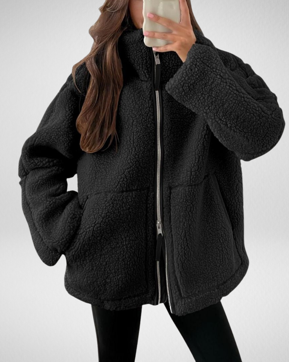 Winterjas dames van teddyfleece met rits en kraag 6