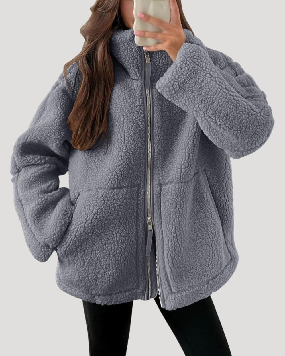 Winterjas dames van teddyfleece met rits en kraag 7