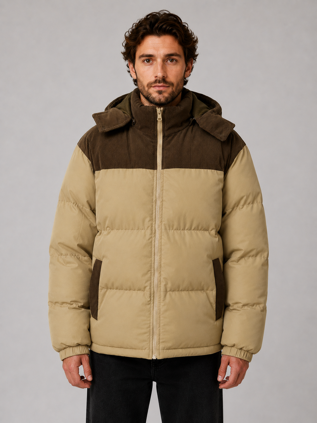 Winterjas heren corduroy puffer met capuchon 1
