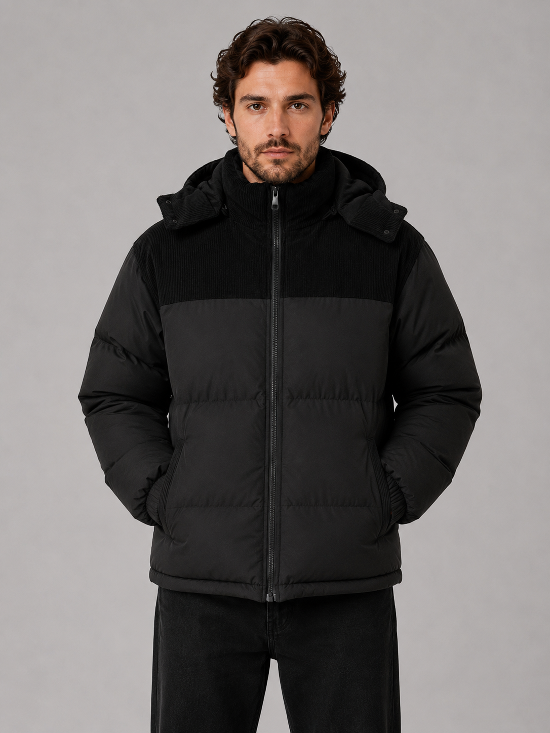 Winterjas heren corduroy puffer met capuchon 2