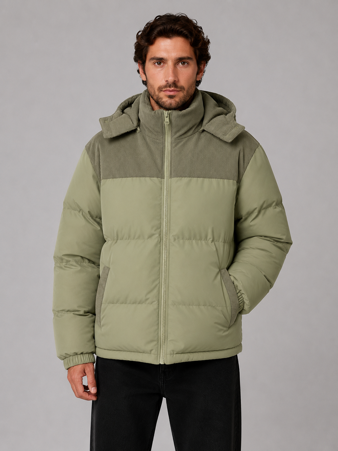 Winterjas heren corduroy puffer met capuchon 3