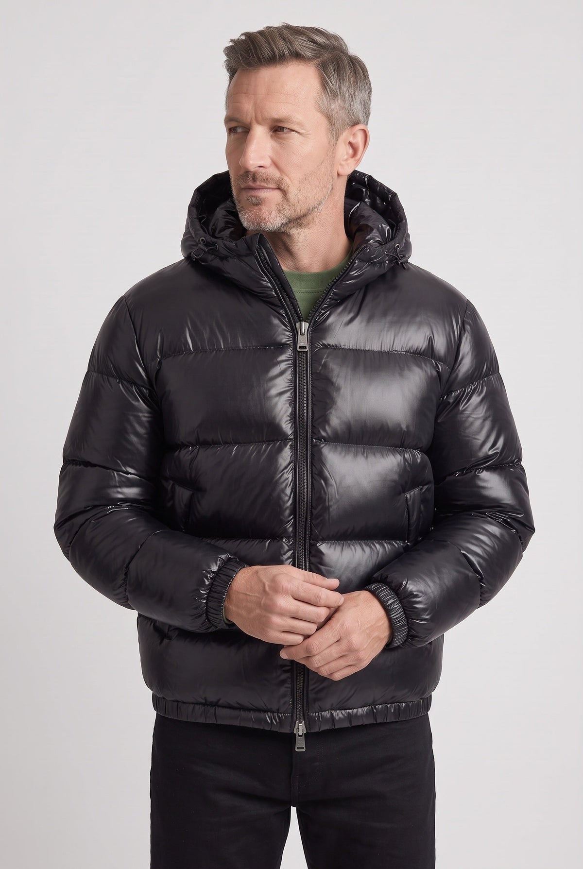 Winterjas heren glanzende puffer met capuchon en ritssluiting 2