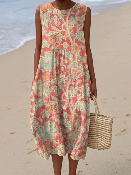 Eugénie - Vintage midi zomerjurk met bloemenprint en zakken dames